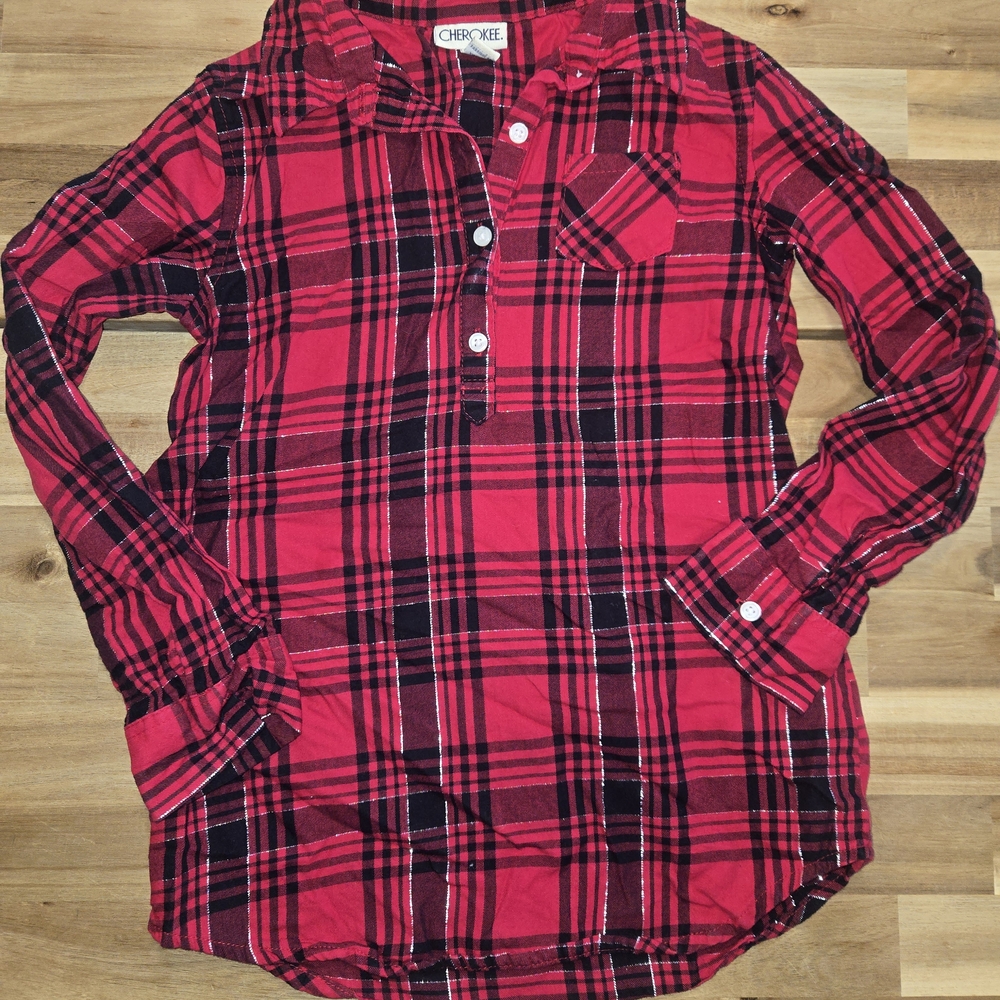 Cherokee Girls Red and Black Plaid With Glitter Accents Button Down Shirt 7/8